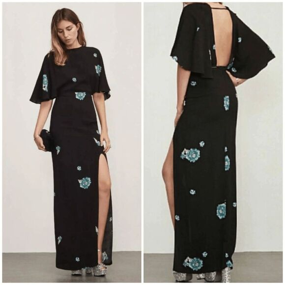Reformation Dresses & Skirts - Reformation Escala Aquarelle Floral‎ Black Cape Sleeve Open Back Dress Size 6